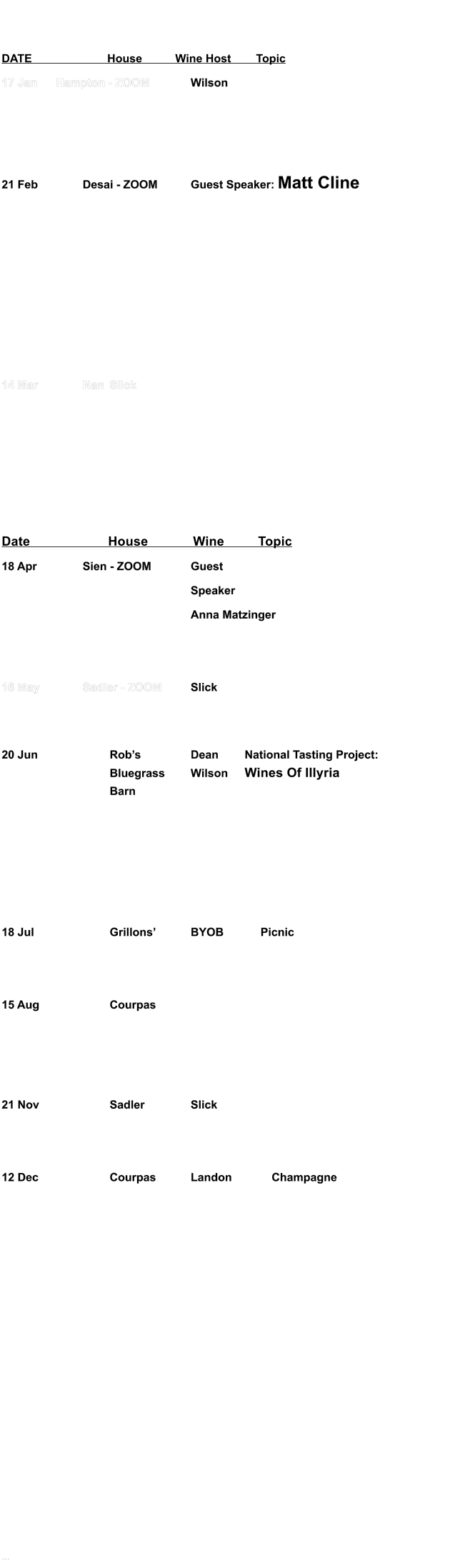 DATE	House	Wine Host	Topic 17 Jan	Hampton - ZOOM		Wilson		     21 Feb		Desai - ZOOM		Guest Speaker: Matt Cline 	                14 Mar		Nan	Slick		        Date	House	Wine	Topic 18 Apr		Sien - ZOOM		Guest  Speaker  Anna Matzinger   16 May		Sadler - ZOOM		Slick		   20 Jun			Robs 		Dean 	National Tasting Project:  				Bluegrass 	Wilson 	Wines Of Illyria  				Barn	      18 Jul 			Grillons		BYOB	     Picnic    15 Aug 			Courpas						     21 Nov 			Sadler		Slick			   12 Dec			Courpas		Landon		Champagne                          ...